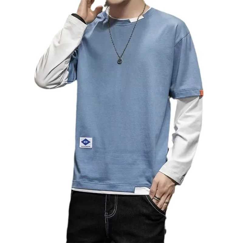 Mens Long Sleeve T-Shirt Base Layer Top Korean Style Two-Piece Illusion Round Neck Slimming Effect Autumn ClothingXJ250621