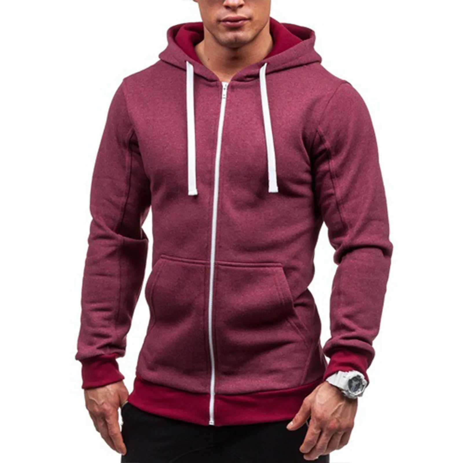Full Zip Fashion Hooded Jacket For Men Casual Autumn And Winter Long Sleeved Solid Color Drawstring Lightweight Coats Loose FitXJ250621