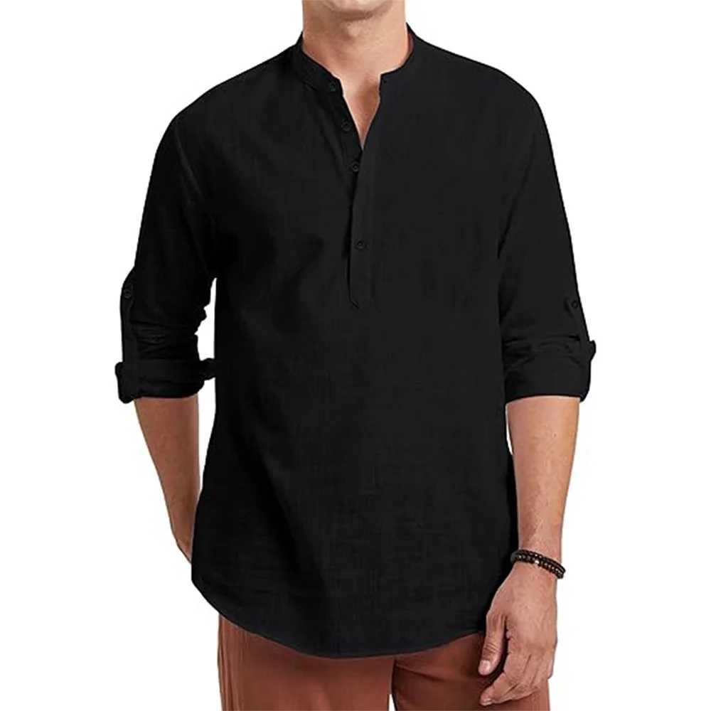 Mens Cotton Linen Long Sleeve Polo Shirt Lightweight Henley Neck Hawaiian Beach Style Solid Color Tops Vacation T-shirt XJ250621