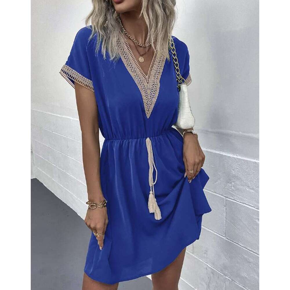 Long Dress Spring Summer Solid Color Short Sleeve Ruffle V Neck Waist Cinching Dress Sexy Long Skirt