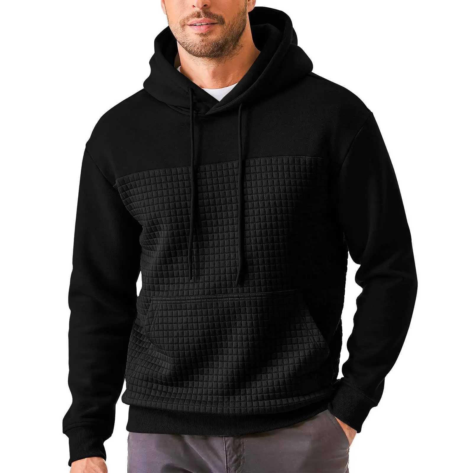 Men Solid Color Hoodie Waffle Kangaroo Pocket Long Sleeve Drop Shoulder Casual Sweatshirt XJ250621