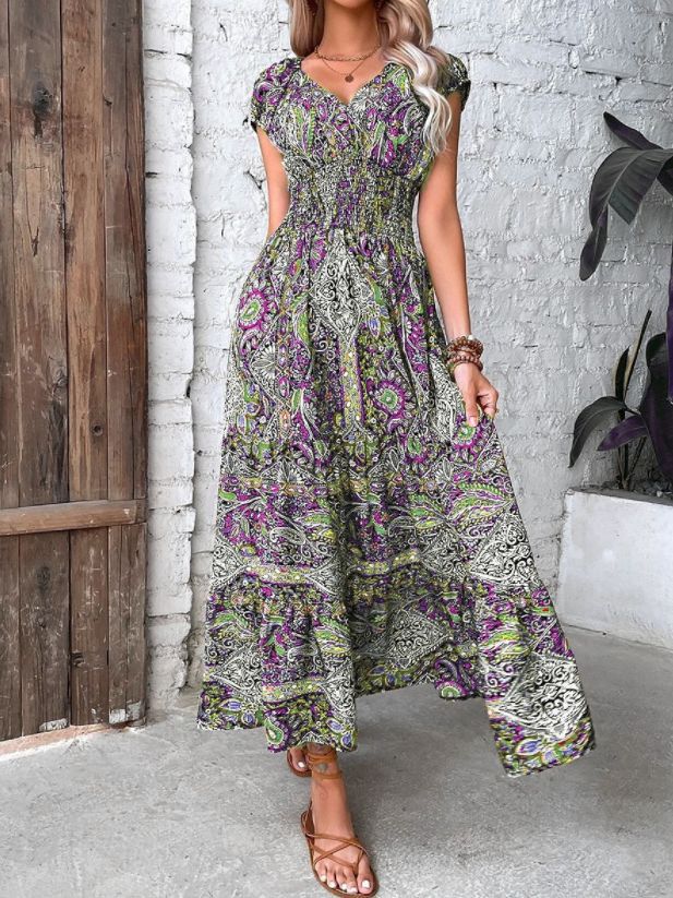L6212Women's Bohemian 2023 new V-neck long skirt waist floral print big swing dress