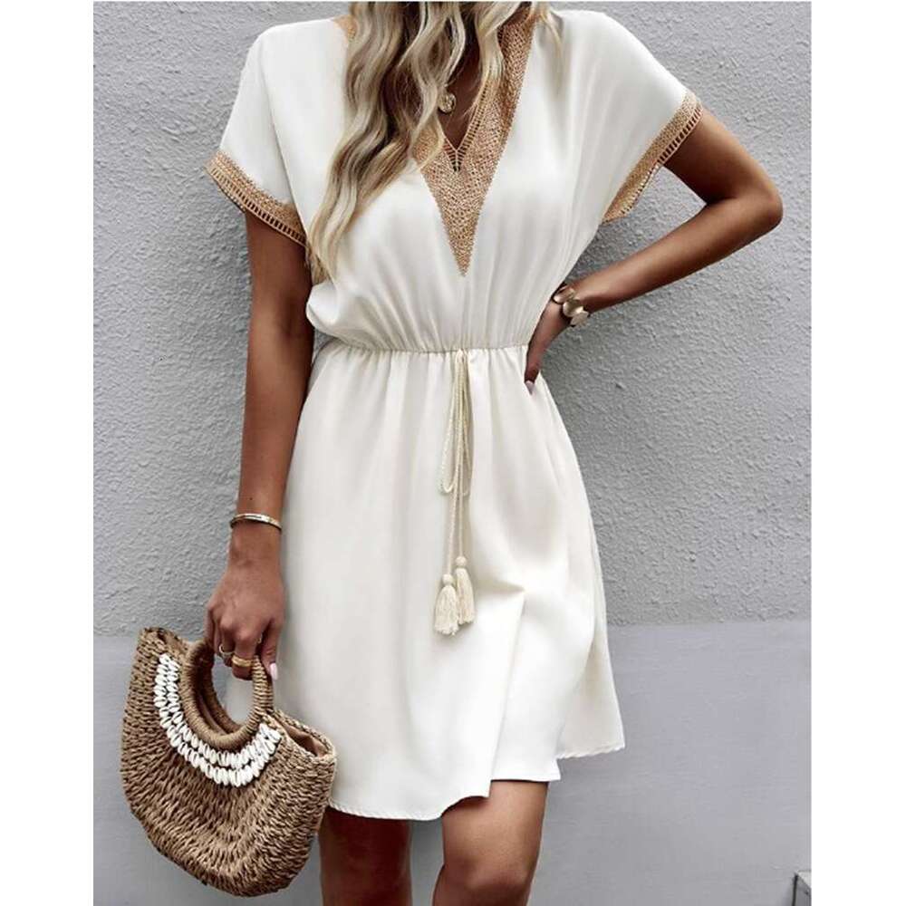 Long Dress Spring Summer Solid Color Short Sleeve Ruffle V Neck Waist Cinching Dress Sexy Long Skirt
