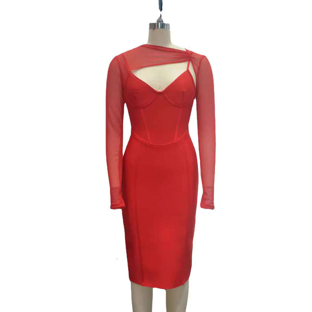 Long Dress Fashion Women S Clothing Celebrity Style Mesh Patchwork Hollow Out Long Sleeve Bandage Party Dress Sexy Long Skirt
