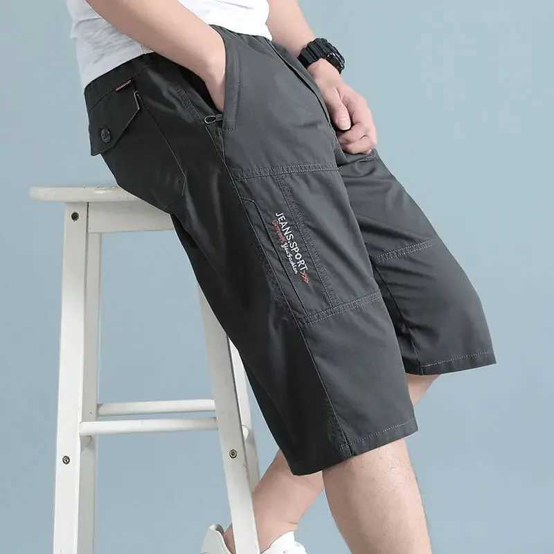 2025 New Mens Cargo Shorts Knee Pants Multiple Zipper Pocket Summer Cotton Shorts Climbing Jogger Elastic Waist Sports Wear W250621