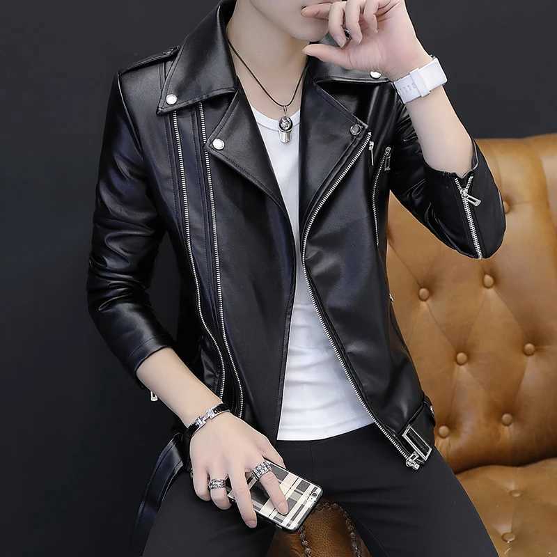New Leather Jacket Men Spring Autumn Slim Was Thin Fashion Turn-Down Collar Single Breasted Coats Outerwear XJ250621