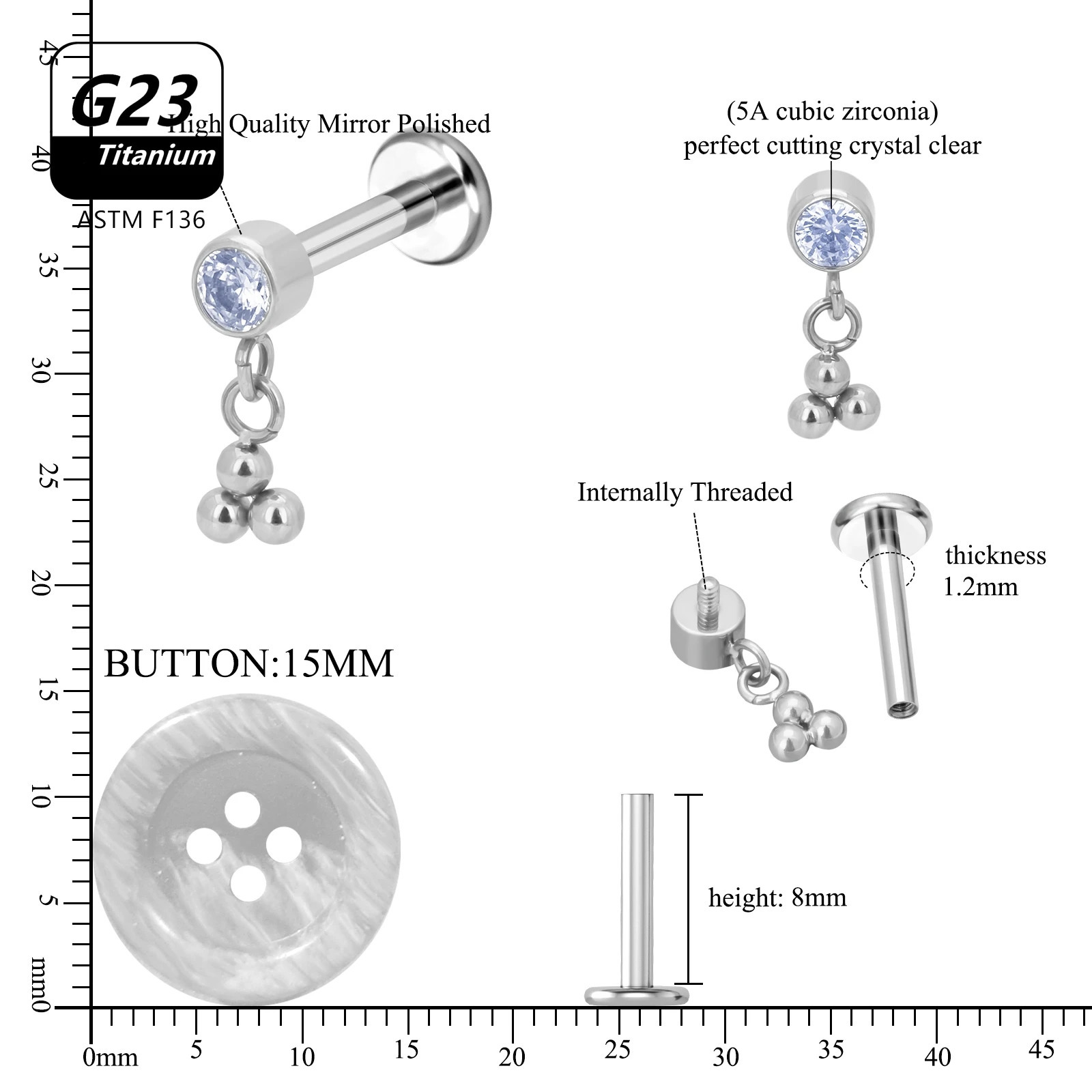 10Pcs/Lot ASTM 16G G23 CZ Ear Helix Tragus Rook Stud Piercing Lip Labret Bar Welding Beaded Ring Earring Body Jewelry 250617