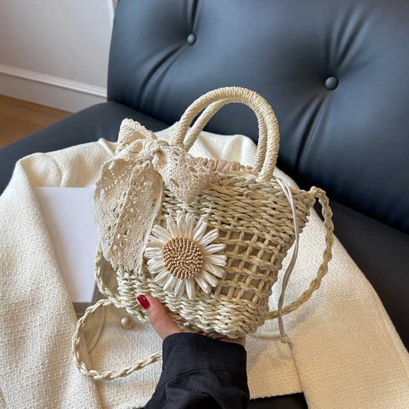 New Weave Lace Bow Handbag Dacron Square Shape Straw Weave Bag Small Bucket Tote Bag XJ250620