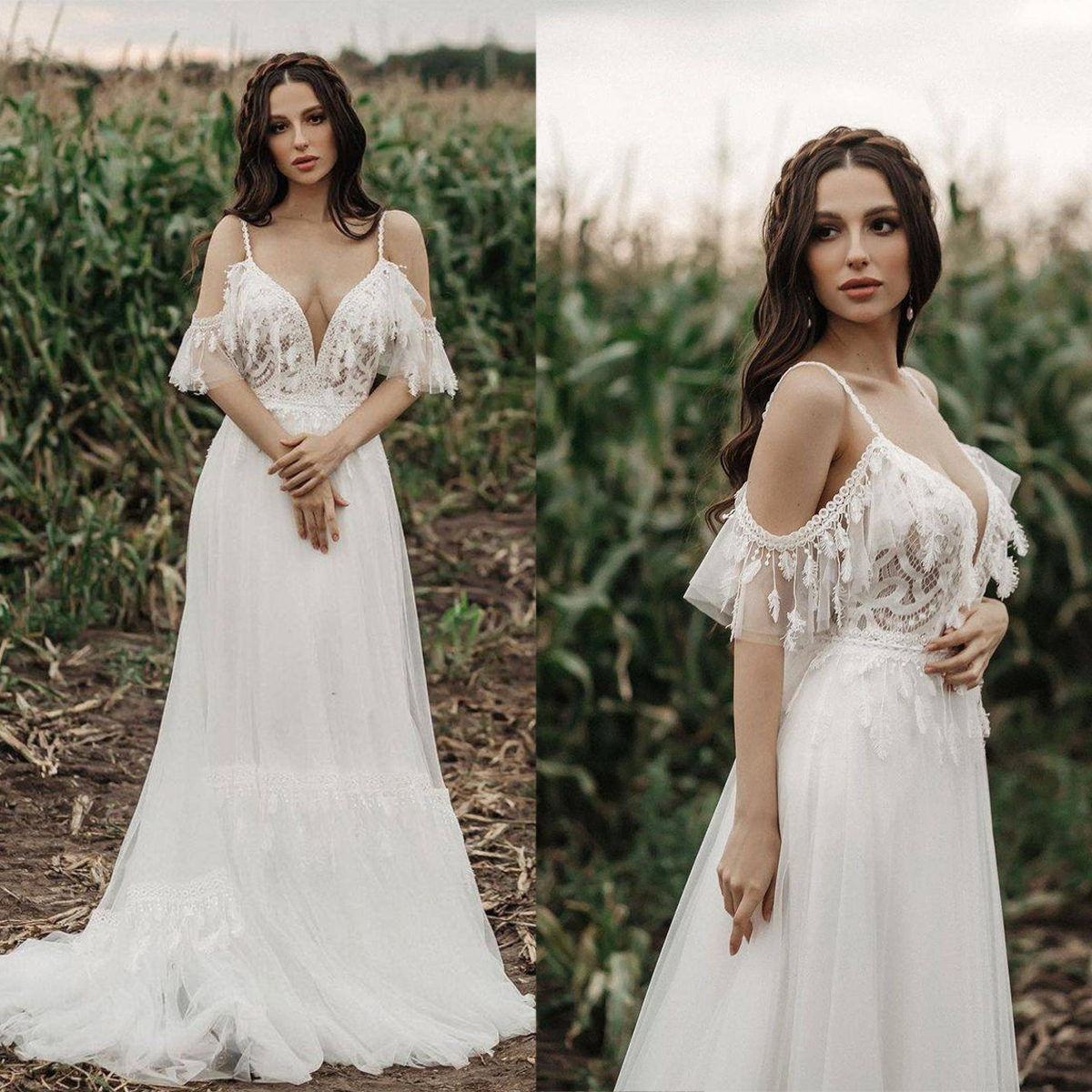 Off Shoulder Boho Wedding Dresses A Line Deep V Lace Bride Gowns Custom Made Garden Party Dresses for Brides Engagement Birthday
