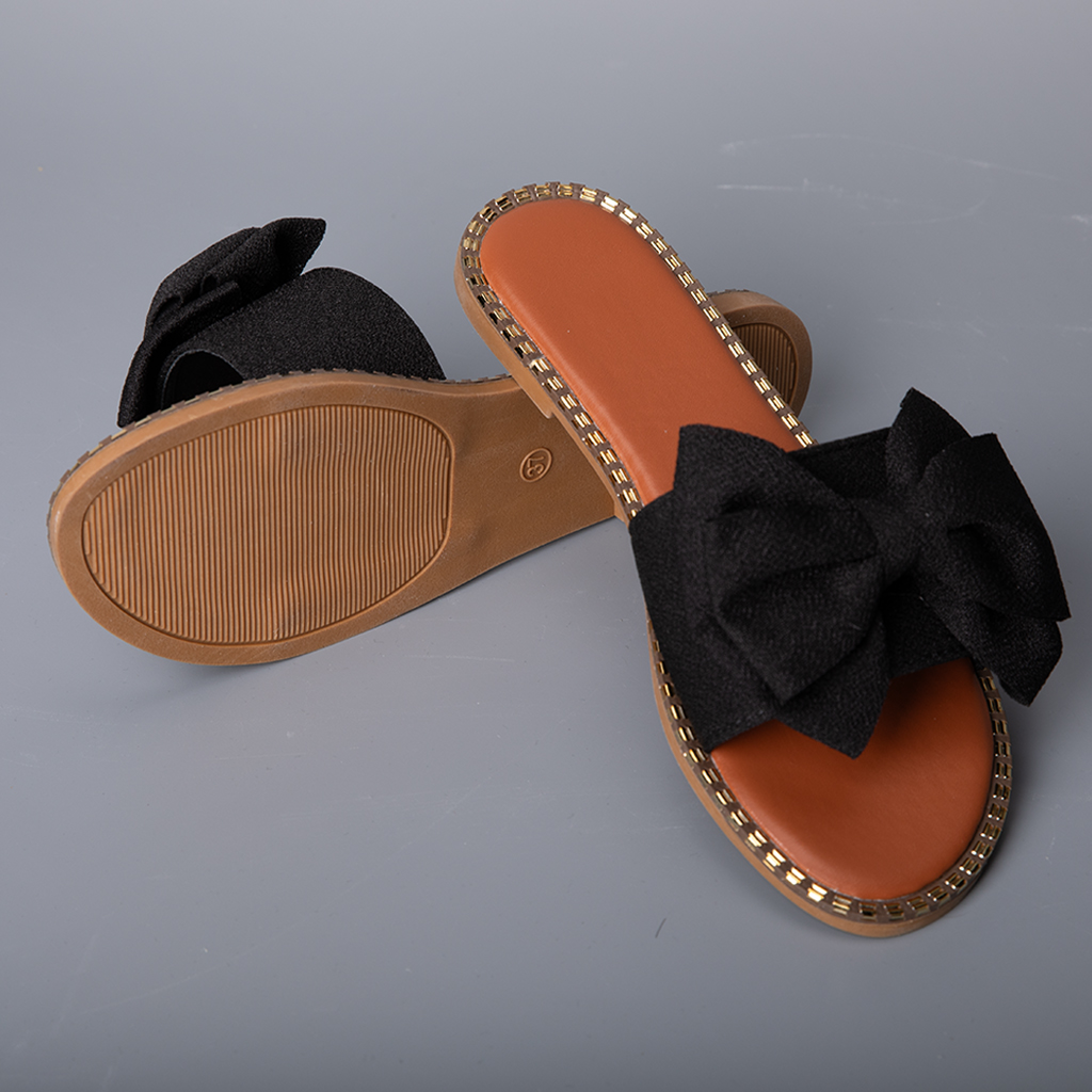 526-Women's classic bow sandals, classic fashion, shiny flat sandals, open-toe slippers, holiday sandals
