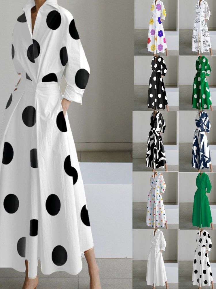 L621Autumn new fashion long sleeve V neck printed dress for women