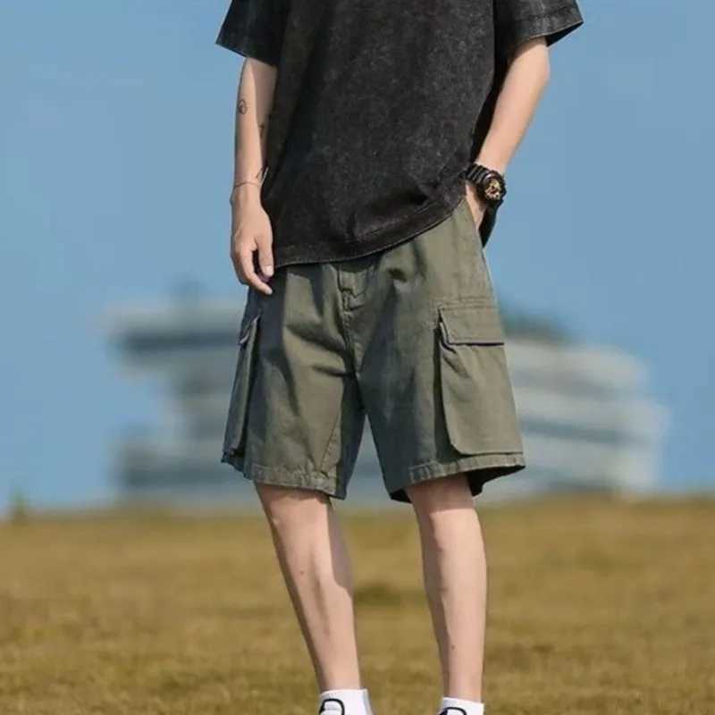 Mens Bermuda Cargo Shorts Elastic Waist Khaki Baggy Wide Loose Multi Pocket Short Pants for Men Harajuku Elegant Designer Cotton W250621