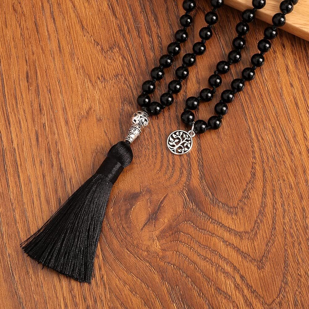 Attract Prosperity 108 Mala Prayer Beads Necklace Natural Stones Meditation Yoga Jewery 108 Hand Knotted Japa Mala Beaded Long Tassel Necklace Pendant
