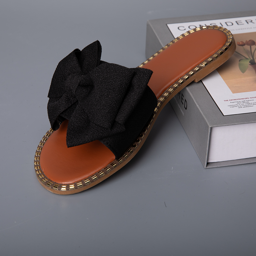 526-Women's classic bow sandals, classic fashion, shiny flat sandals, open-toe slippers, holiday sandals