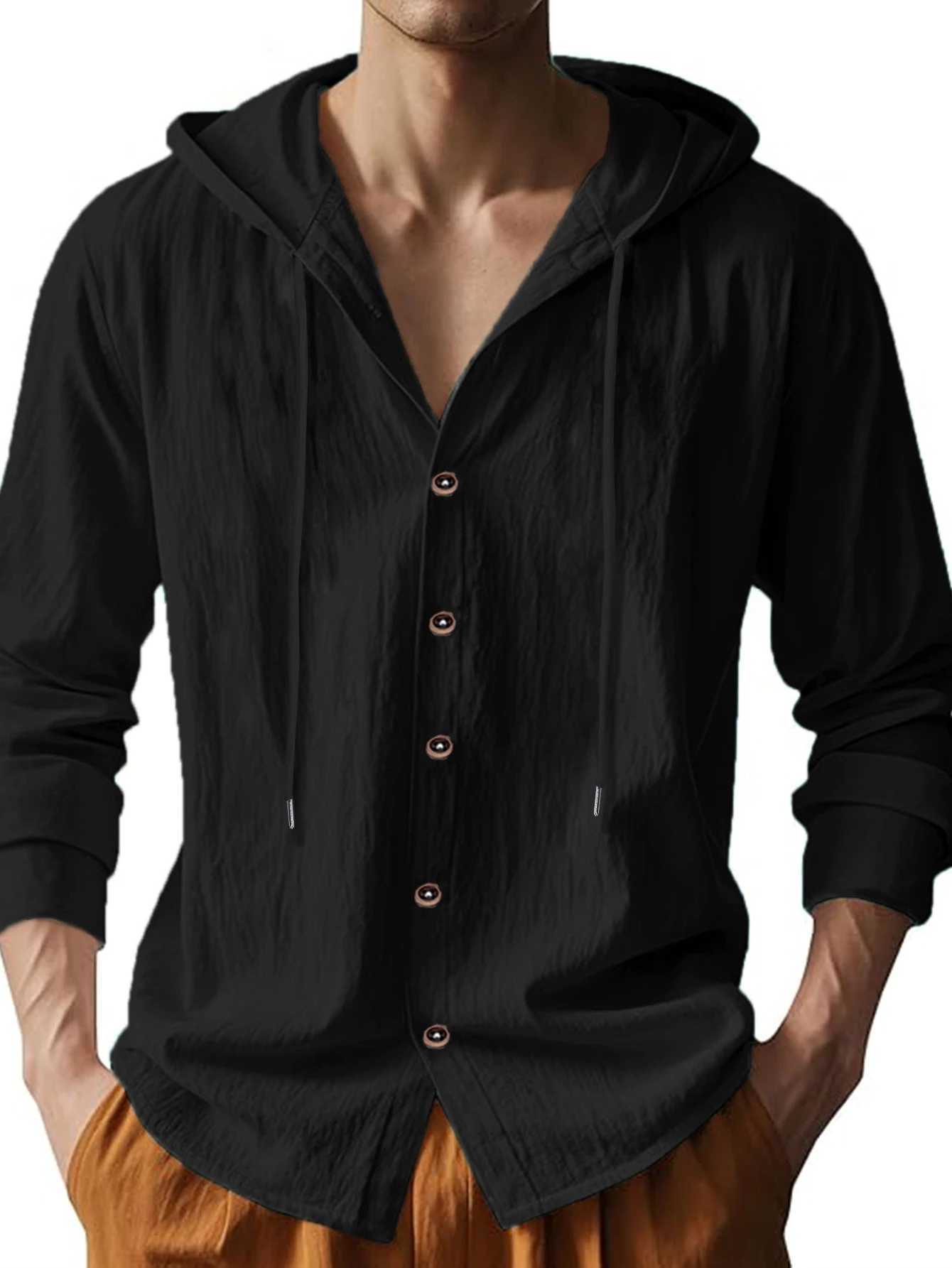 Mens Cotton Linen Long Sleeve Shirt Breathable Summer Spring Casual Button Up Lightweight Hawaiian Beach Top Hoodie T-Shirt New XJ250621