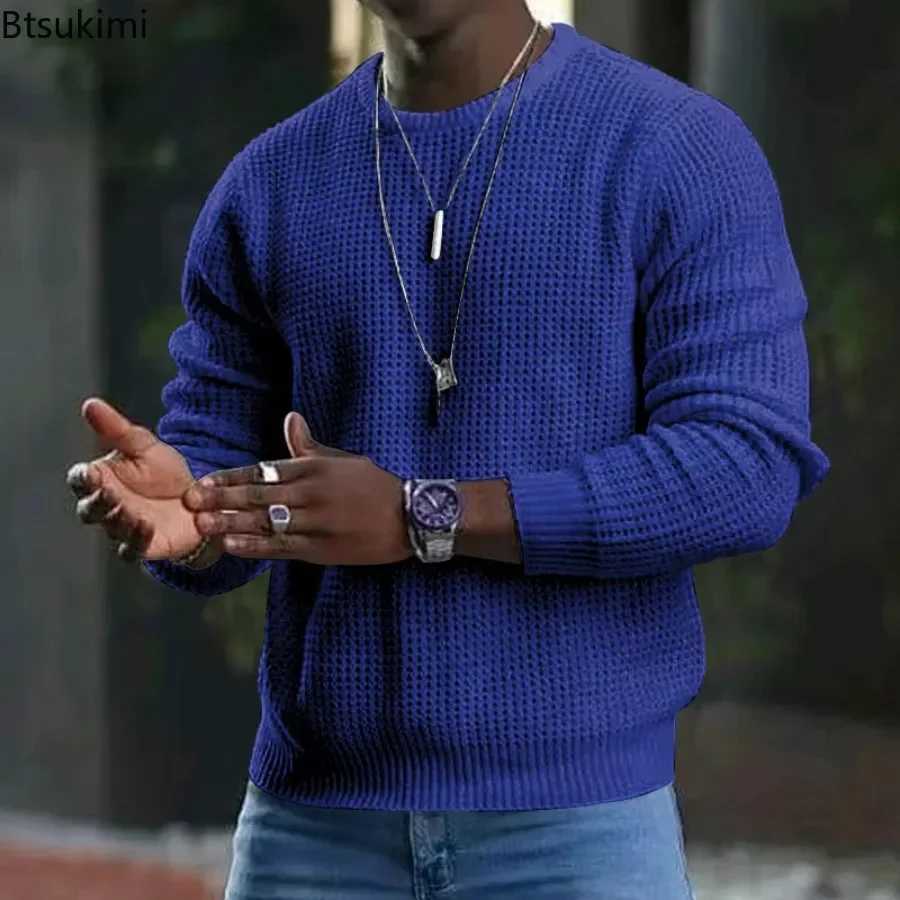 New 2025 Mens Waffle Knitted Sweaters Solid Loose Casual O-neck Pullover Tops Spring Autumn Long Sleeve Sweatshirt Male Sweater Z250621