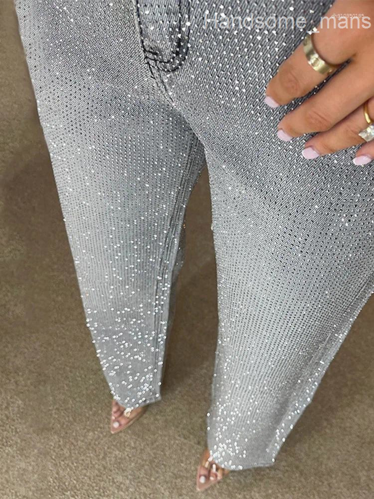 Womens Jeans Y2k Women Shiny Rhinestone Denim Pants Wide Leg Straight Full Diamond For Female Dragging High Street Outwear Trousers