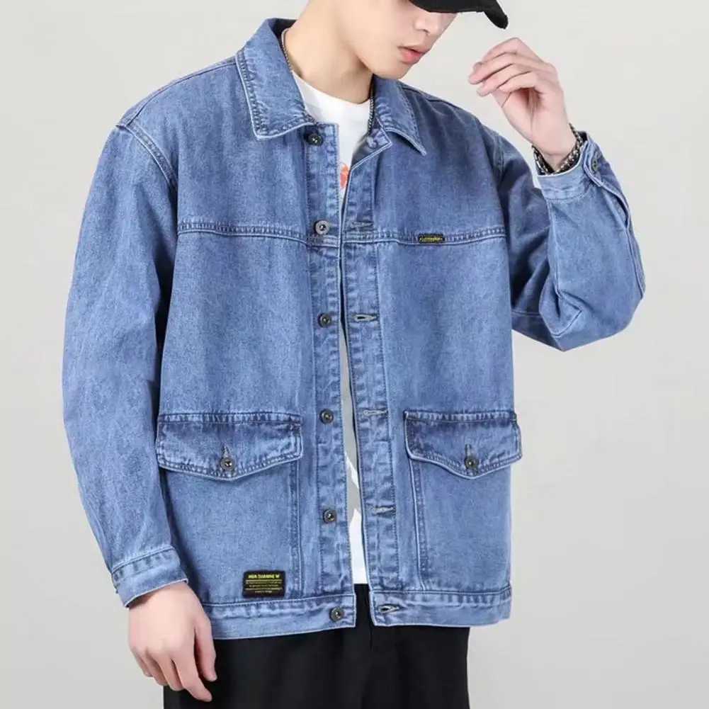 Versatile Denim Jacket Stylish Mens Denim Jacket with Lapel Collar Long Sleeves Large Pockets Fashionable Spring Autumn for Men XJ250621