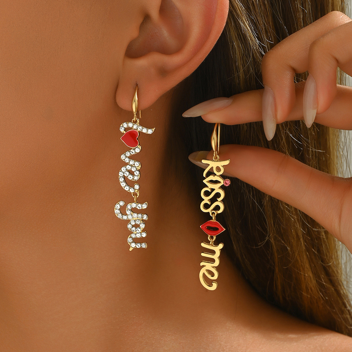 Trendy Women's With Unique English Letter Design, Oil Drop Studs, Versatile Heart-Shaped Earrings For Women
