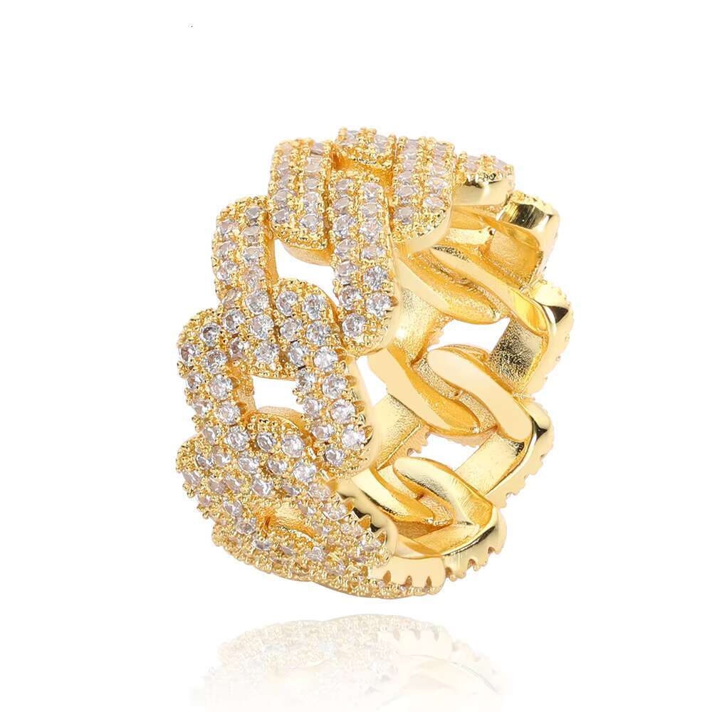 2022 New Arrival Hip Hop Real Gold Plated Brass Couple Finger Ring Iced Out Cuban Link Chain Ring for Men Fashion Jewelry