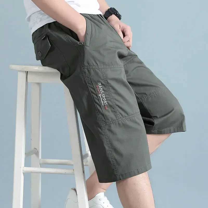 2025 New Mens Cargo Shorts Knee Pants Multiple Zipper Pocket Summer Cotton Shorts Climbing Jogger Elastic Waist Sports Wear W250621