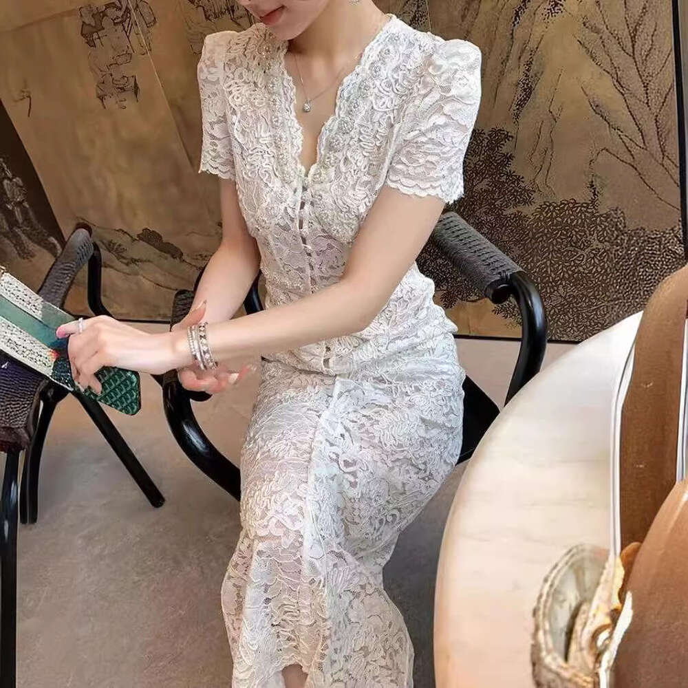 Long Dress Star Style Heavy Embroidered V Neck High Waist Lace Hollow Out Slim Fit Bodycon Socialite Elegant Dress For Women SP Sexy Long Skirt