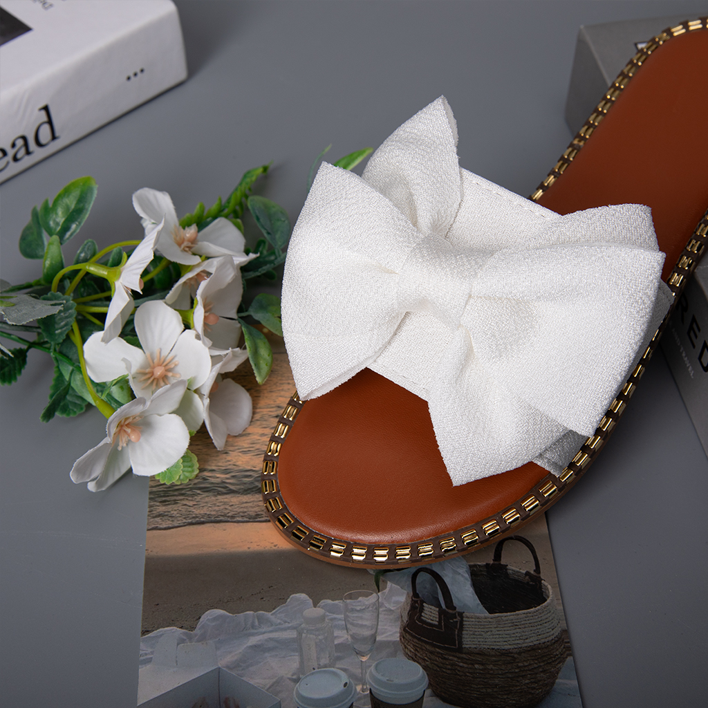 526-Women's classic bow sandals, classic fashion, shiny flat sandals, open-toe slippers, holiday sandals