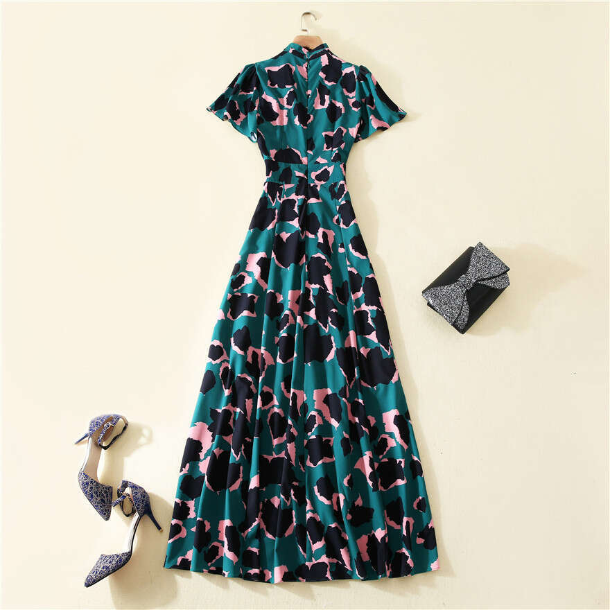 Long Dress Star Style Spring Summer New Women S V Neck Short Sleeve Camouflage Print Waist Cinching Elegant Long Dress Sexy Long Skirt