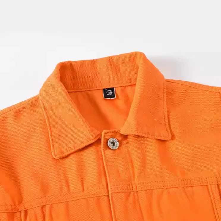 Spring Autumn New Fashion Mens Casual Trendy Orange Multi Pocket Solid Jeans Jacket Korean Loose Long Sleeve Denim Jacket Coat XJ250621