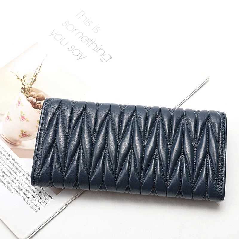 Women Long Pleated Wallet Fashion Hasp Zipper Multifunction Card Holder Sheepskin Genuine Leather Female Coin Purse Clutch Purse Z250621