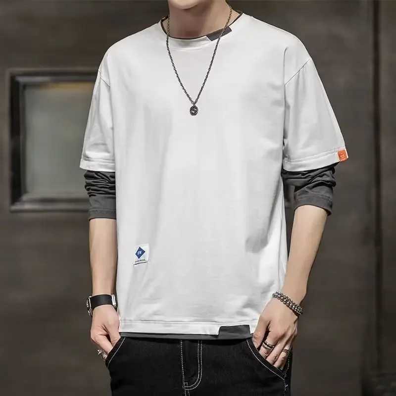 Mens Long Sleeve T-Shirt Base Layer Top Korean Style Two-Piece Illusion Round Neck Slimming Effect Autumn ClothingXJ250621