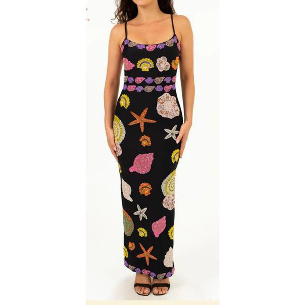 Combhasaki Women Summer Y2K Aesthetic Colorful Sequin Shell Print Sleeveless Adjustable Straps Square Neck Straight Long Dress 250617