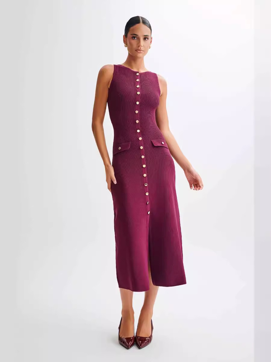 X6213Summer new knitted dress European and American women's dress elegant sleeveless button fashion sexy slim long skirt