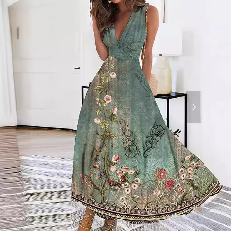 K620Women's summer new V-neck high waist sleeveless printed sexy vest dress