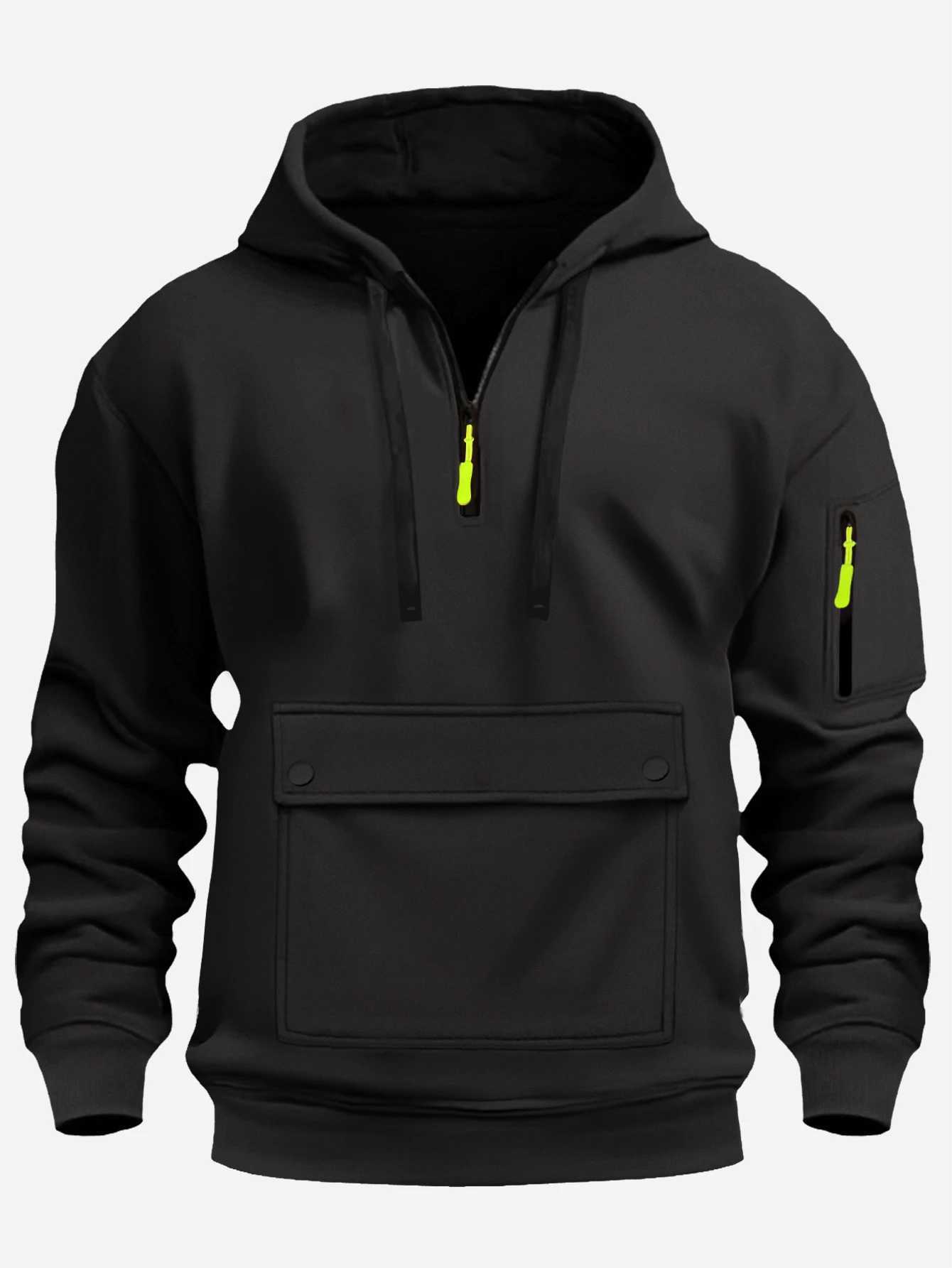 Mens casual large pocket zipper hoodie - solid color long sleeve autumn and winter sports and leisure trendy street style polyester XJ250621