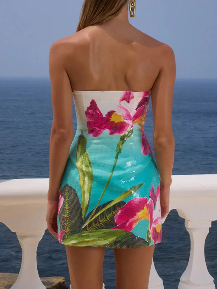 Strapless Patchwork Sequined Chic Mini Dress Women Summer Beach Style Sleeveless Party Dress Sexy Backless Lady Dress Vestidos 250617