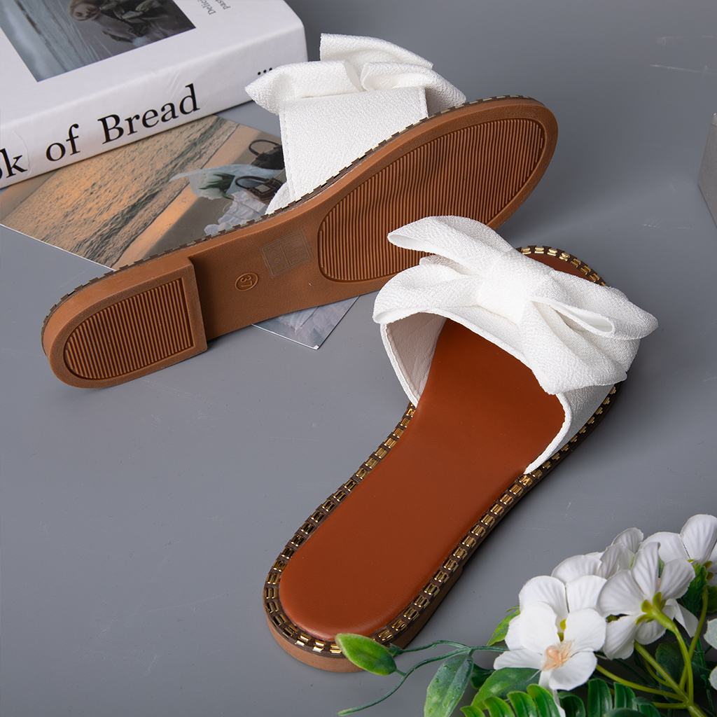 526-Women's bow sandals, shiny flat sandals, open-toe slippers, holiday casual shoes