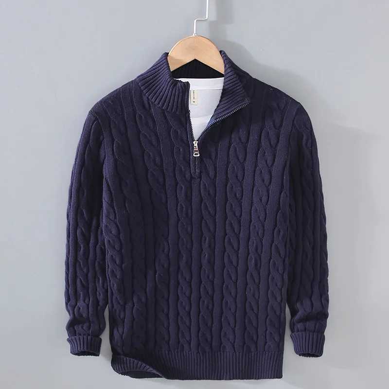 2025 New Autumn Winter Men Pullover Sweater Men Stand Collar Half Zip Cotton 100% Thickened Knit Solid Color High Street Clothes Z250621