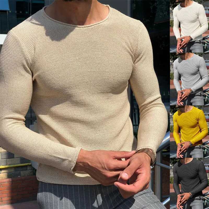 Mens sweater fashion mens casual round neCK sweater solid color slim fit long sleeved knitted pullover top Z250621