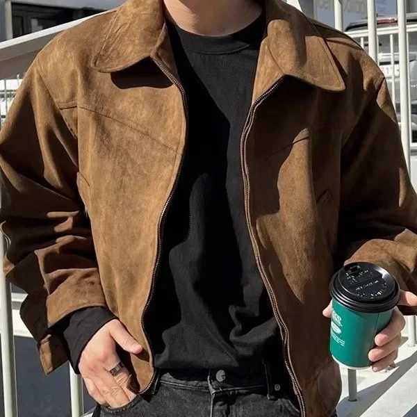 Mens Jacket Turn Down Collar Full Sleeve Jackets Solid Zipper Loose Fit Spliced Coats Casual Pockets Outerwear Autumn 2024 XJ250621