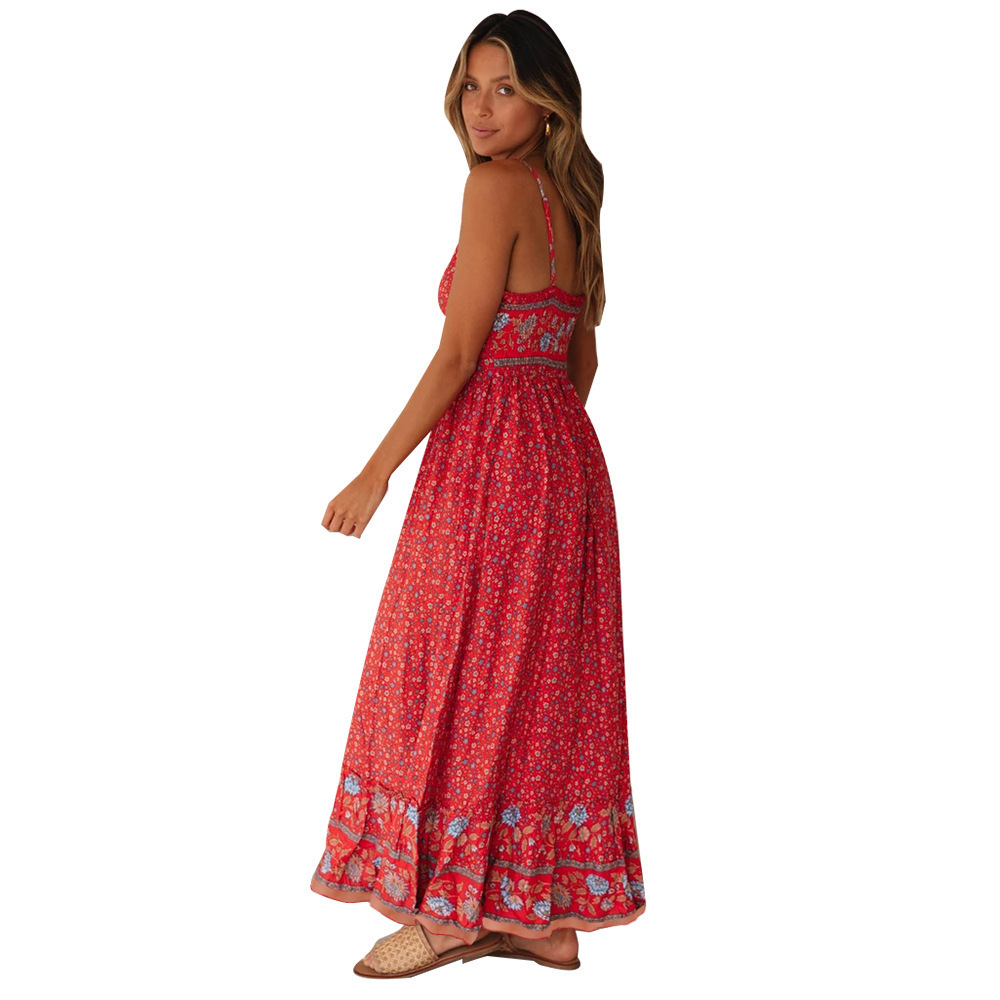 X6201New Swing Skirt Amazon European and American Women's Bohemian V-neck Suspender Floral Dress
