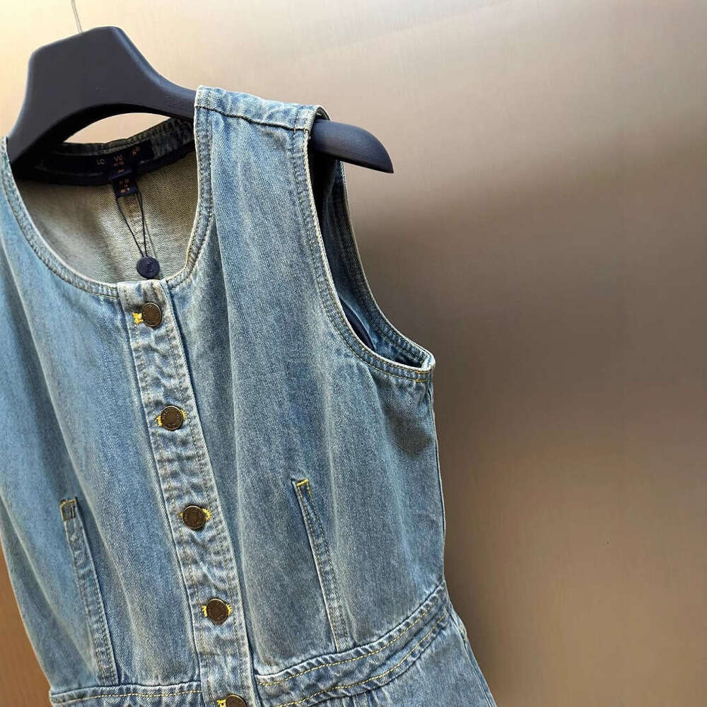 Long Dress Correct High Version Donkey Home Summer New Fashion Versatile Round Neck Button Sleeveless Denim Dress Sexy Long Skirt