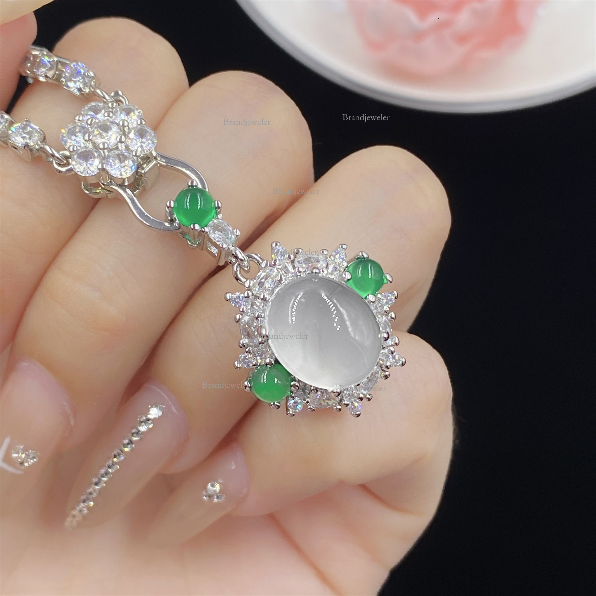 Model Natural White Chalcedony Gray Agate Free Delivery Three-piece Set Full Diamond Open Ring For Women Elegant Luxurious Designer Necklace Pendant E