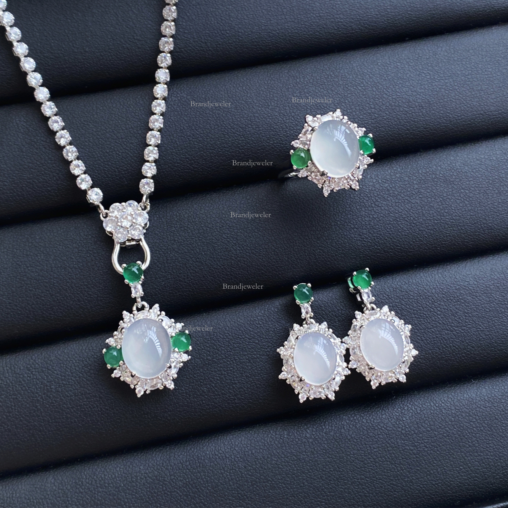 Model Natural White Chalcedony Gray Agate Free Delivery Three-piece Set Full Diamond Open Ring For Women Elegant Luxurious Designer Necklace Pendant E