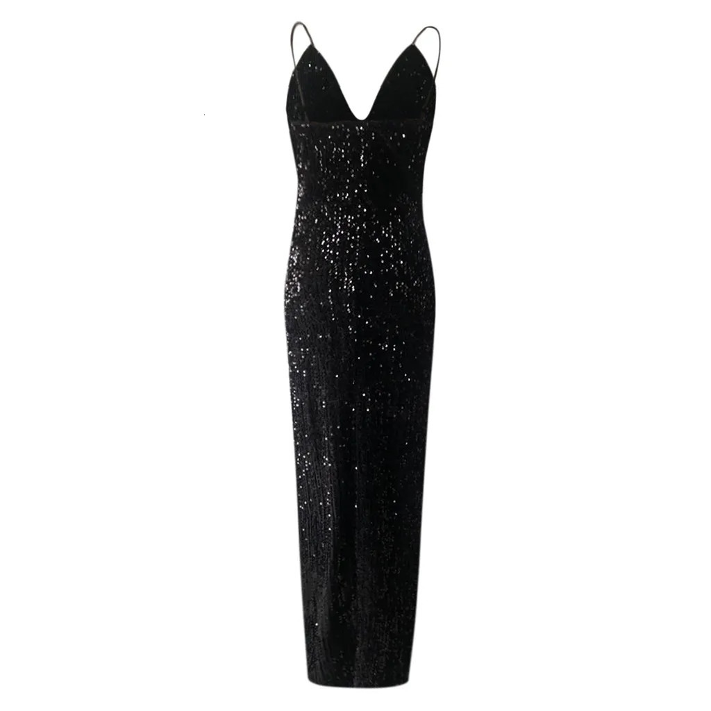 Black Dresses Women Glitter Sequined Sleeveless Suspender Long Dress Womens V-Neck Bodycon Backless Floor Length Split Dress 250617