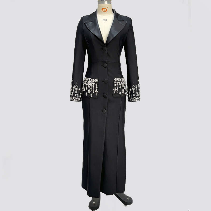 Long Dress New Celebrity Fashion Heavy Beaded Rhinestone Blazer Collar Bandage Gown Long Dress Sexy Long Skirt