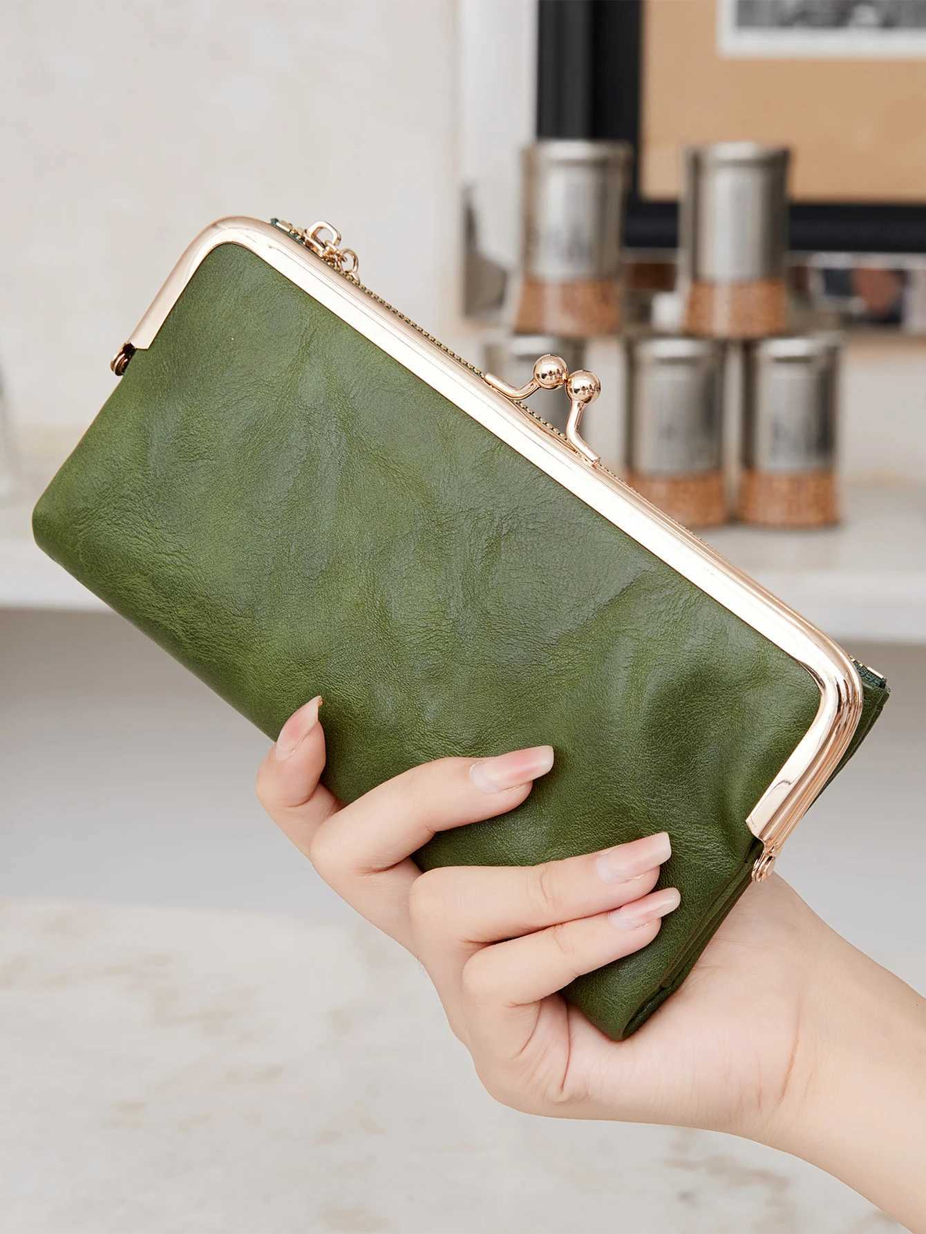 Vintage Kiss Lock Long Womens Wallet Solid Color Multi-functional Zipper Wallet Minimalism Double Fold Large Capacity Handbag Z250621