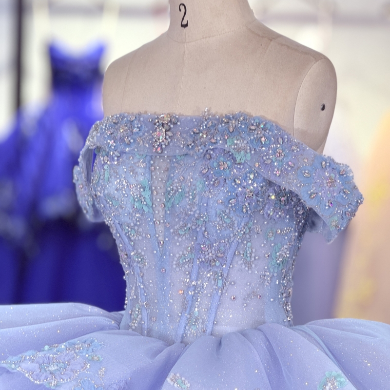 Blue Shiny Quinceanera Dresses Ball Gown Off The Shoulder Sequin Applique Lace Beading Crystal Tull Corset Sweet 16 Dress Vestidos 15 Anos