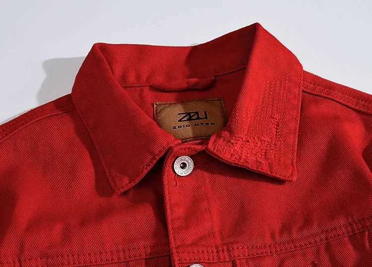 Spring Autumn New Fashion Mens Casual Trendy Red Solid Color Hole Patched Jeans Jacket Long Sleeve Motorcycle Denim Coat MaleXJ250621