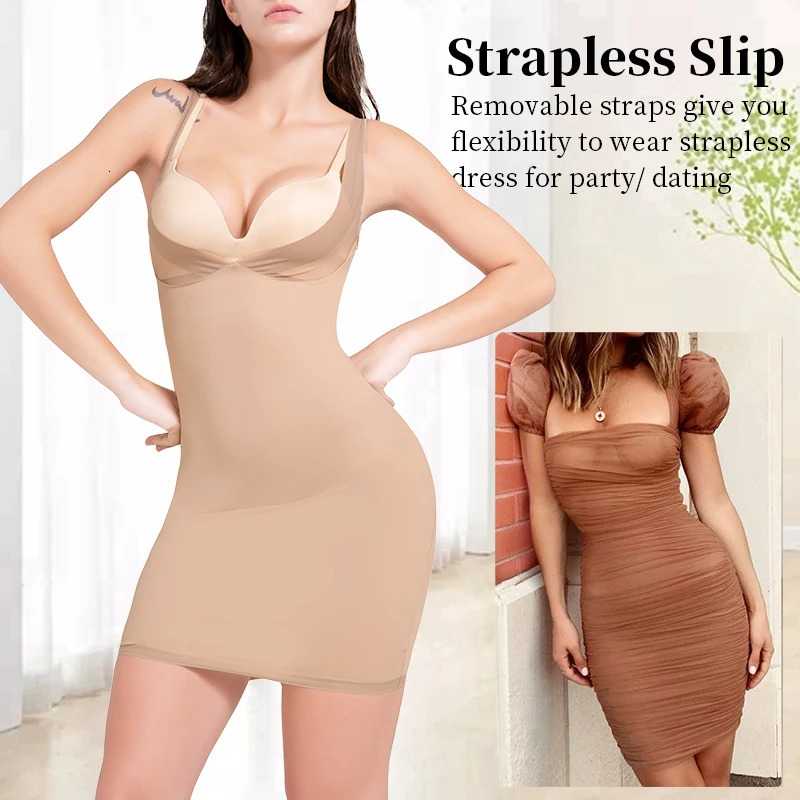 Womens Full Slip Adjustable Spaghetti Strap Camis Mini Dress Deep V Neck Underbust Push Up Breast Underdress Smooth Body Shaper 250617